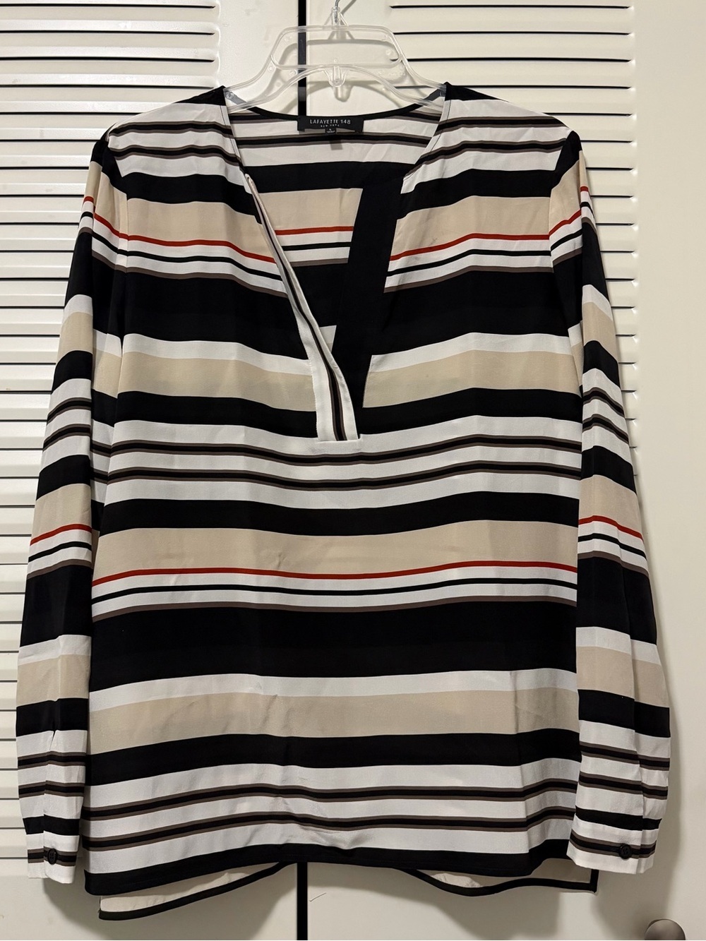 Lafayette 148 Women’s Silk Blouse Stripes Black, Cream, Red Size L